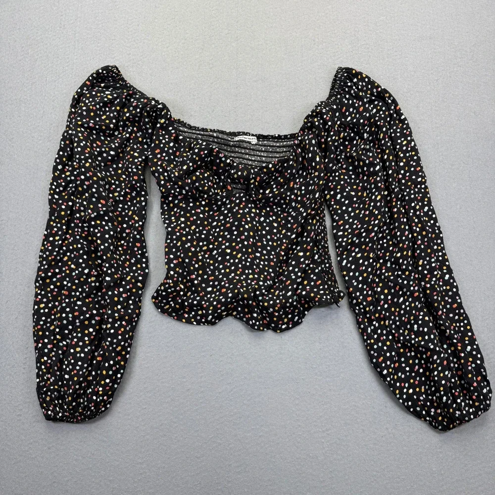 Reformation Emilee Top Black Polka Dot Balloon Sleeve Smocked Crop Blouse XS‎